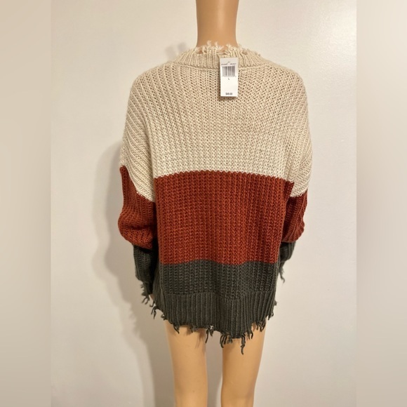 Hyfve Women's Striped Colorblock Knit Pullover Long Sleeve V-neck Loose Sweater - Picture 11 of 14